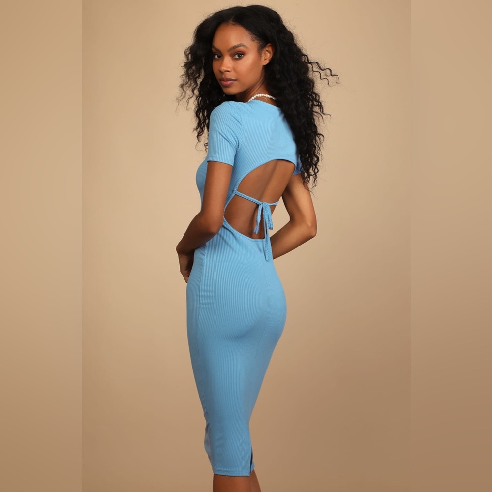 Luna Blue Ribbed Open Back Midi Dress